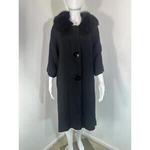 Vintage 1960s Sz M Black Swing Coat Fur Trim Union Made Lined Lightweight Retro